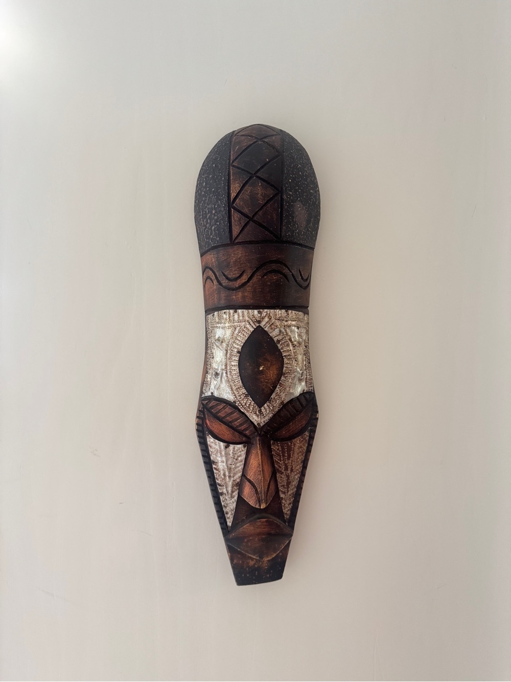 Vintage Hand Carved Wood Mask: Metal & Bronze Wall Sculpture